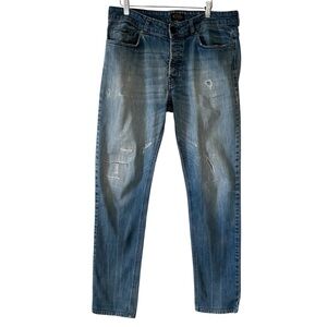 TOD’S Men's Distressed Medium Blue Straight Leg Button Fly Designer Jeans- 38x33